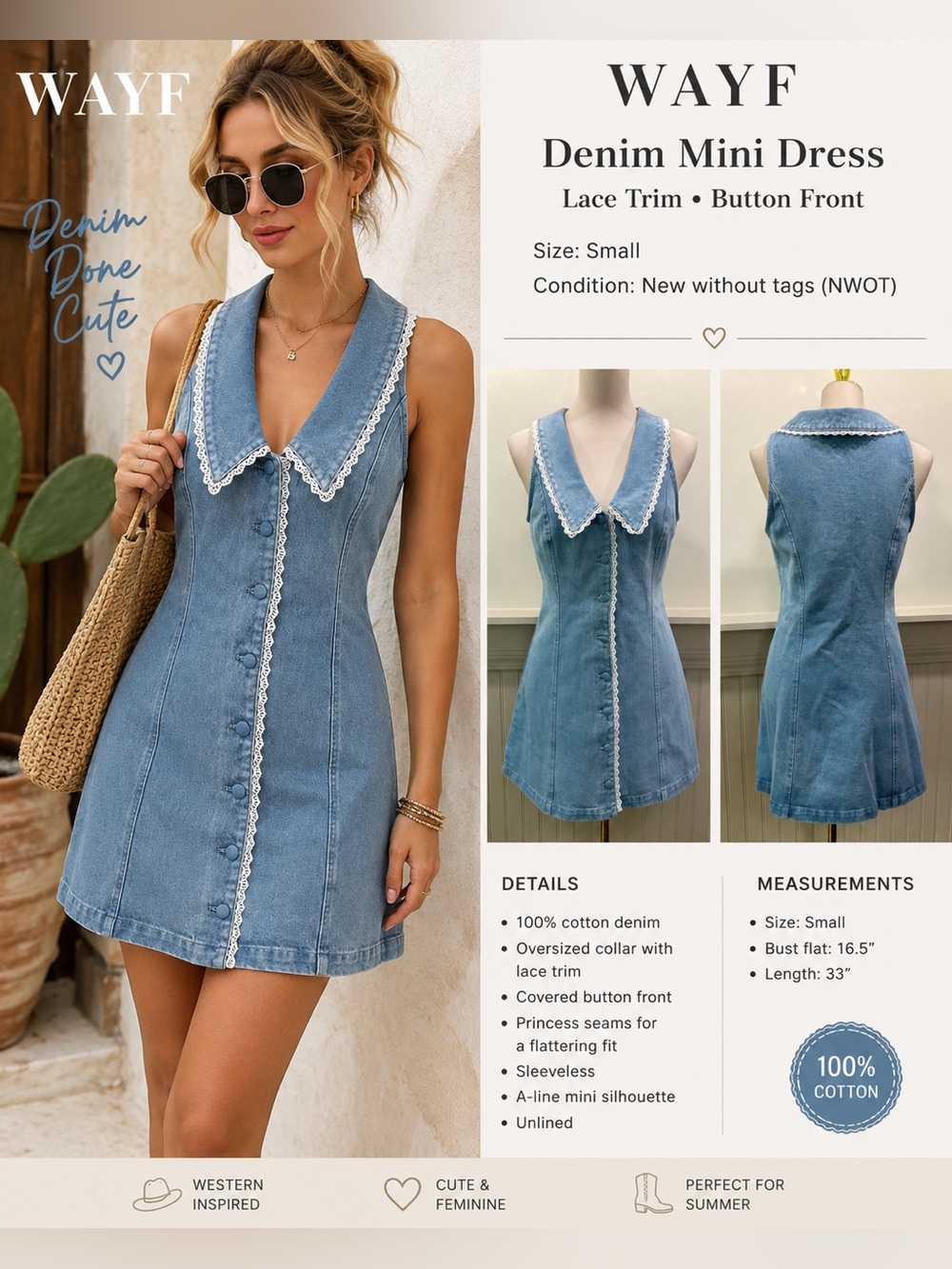 WAYF Cotton Denim Embroidered Trim Mini Dress Small NWOT
